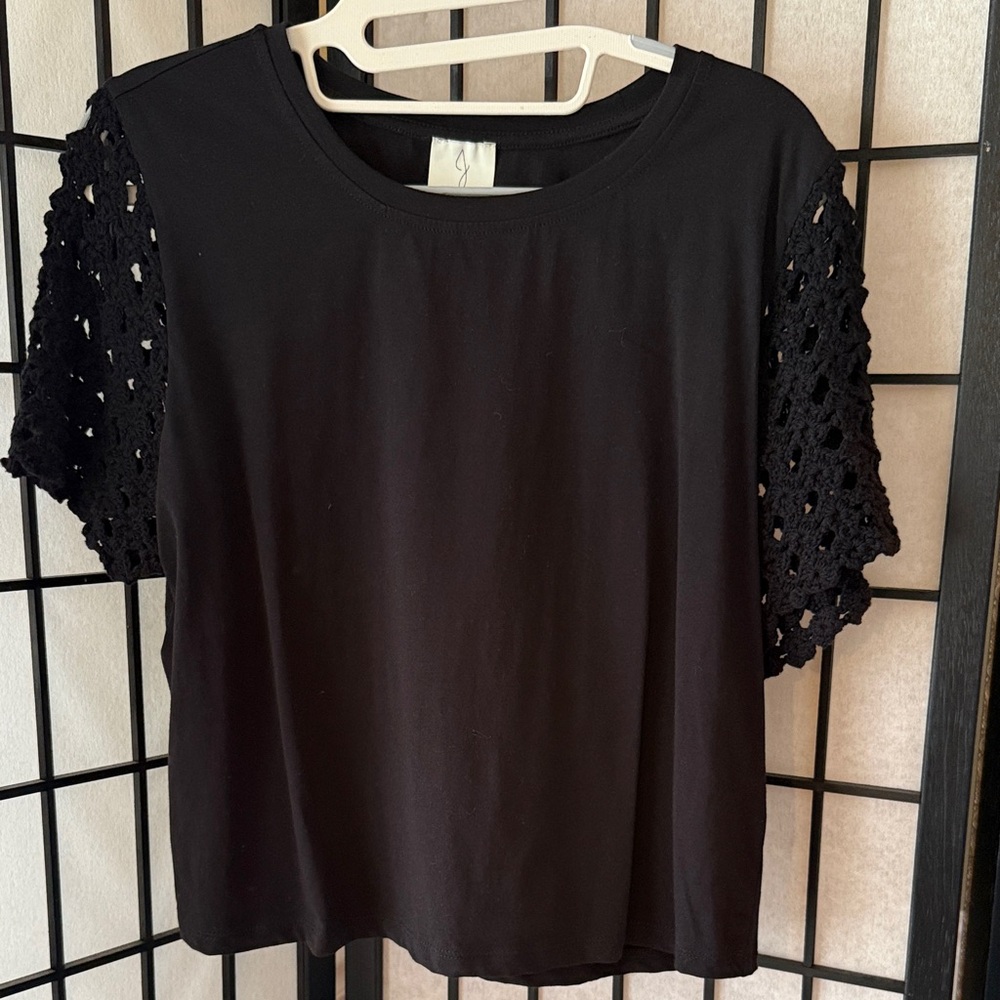 Joie Black Short Sleeve Top with Crochet Sleeves